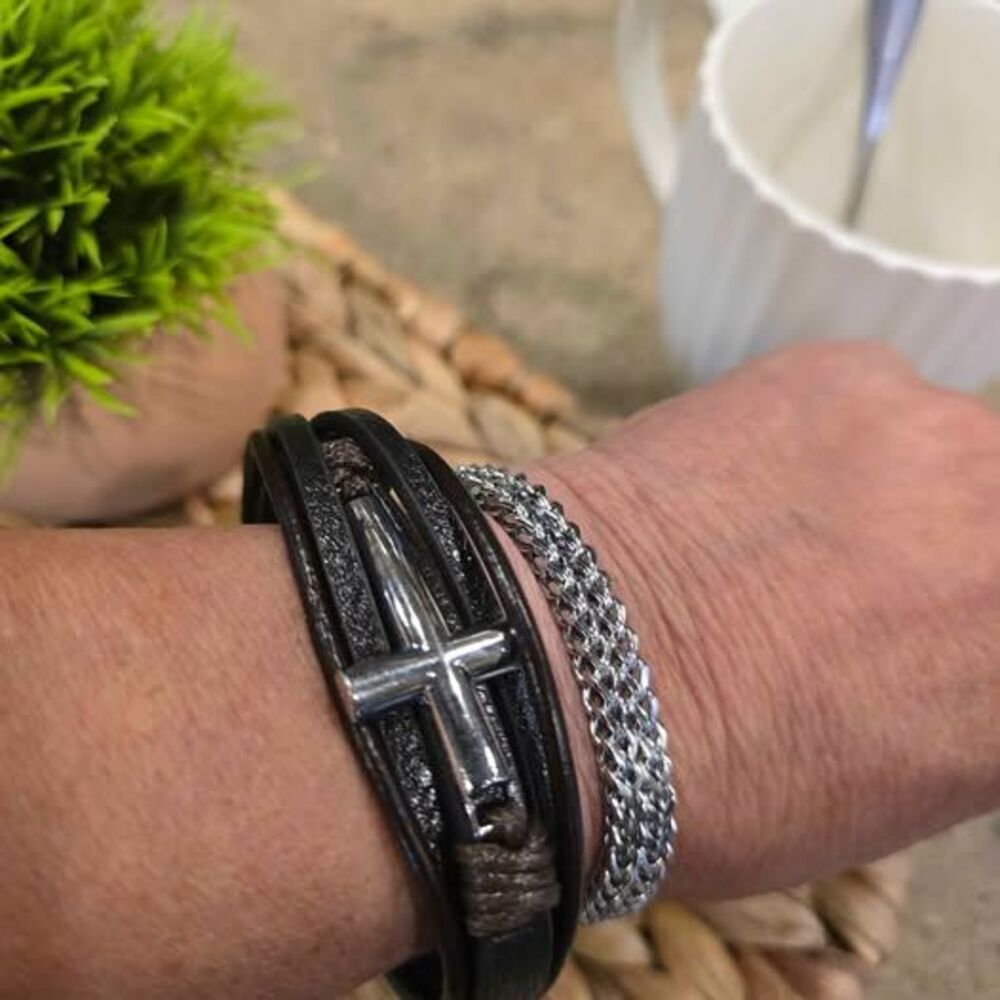 Men's Leather Cross and Silver-Tone Chain Bracelet Set
